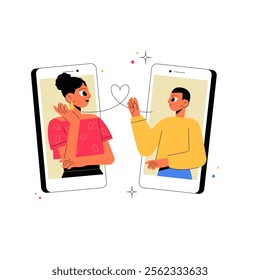 Couple Communicating Through Smartphones In Flat Vector Illustration Symbolizing Long Distance Relationship, Digital Love, And Connectivity, Isolated On White Background