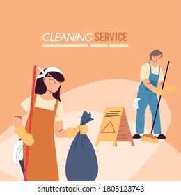 couple in company of cleaning service vector illustration desing