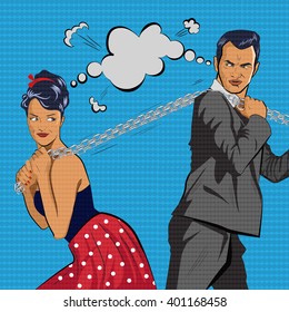 Couple competes. The man and  woman pulls  chain. Vector illustration.