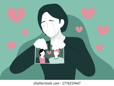 Couple conflict concept. Woman crying hand ripping photo of the couple vector illustration. portrait of happy spouses or picture with family memories. Concept of breakup or divorce