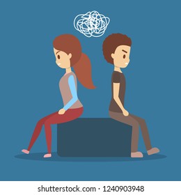 Couple in a conflict. Man and woman do not look at each other and stand in anger. Bad emotion and problem in relationship. Flat vector illustration