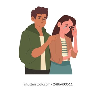 Couple conflict problem solving. Crying woman, say sorry, relationship conflict vector illustration.
