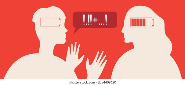 Couple conflict, psychological problems. Flat vector stock illustration. Negative emotions, stress and swearing. Negative energy. Emotional dispus of people. Vector graphics