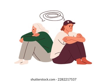 Couple in conflict, quarrel. Relationship crisis, disagreement, miscommunication, misunderstanding concept. Unhappy man and woman breakup. Flat graphic vector illustration isolated on white background