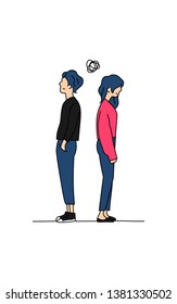couple confused thinking about their relationship problem doodle color drawing vector illustration. boy and girl stand back to back with small tangled messy scribble line ball symbol.