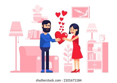 Couple se felicita mutuamente por el día de San Valentín contra en la sala de estar. Hombre y mujer celebran San Valentín. Ilustración vectorial.