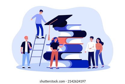 Couple connecting to group of students to study. Tiny female and male characters standing near books and cap flat vector illustration. Education concept for banner, website design or landing web page