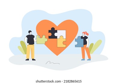 Couple Connecting Puzzle Jigsaw Inside Red Heart. Tiny Man And Woman Building Relationship Together Flat Vector Illustration. Love, Compromise Concept For Banner, Website Design Or Landing Web Page