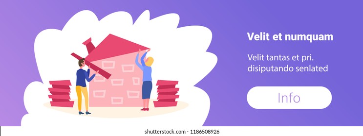 couple construction house man woman cooperation teamwork concept building process successful business project horizontal banner flat male female cartoon character full length copy space vector