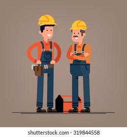 Couple of construction workers vector flat characters | Young and mature male friendly smiling workers in workwear overalls standing isolated | Building specialists ready for work