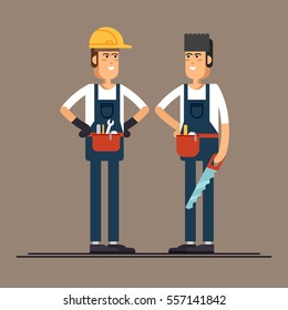 Couple of construction workers vector flat characters. Young man friendly smiling workers in workwear overalls standing isolated and holding building tools. Buildin specialists ready for work