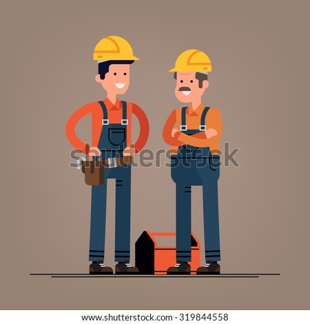 Couple of construction workers vector flat characters | Young and mature male friendly smiling workers in workwear overalls standing isolated | Building specialists ready for work