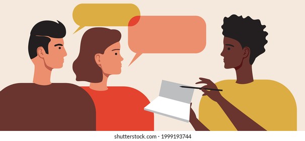 A couple in consultation with a psychologist. Flat vector stock illustration. Consultation with a psychotherapist. Family psychotherapy. Psychological assistance to spouses. Vector graphics