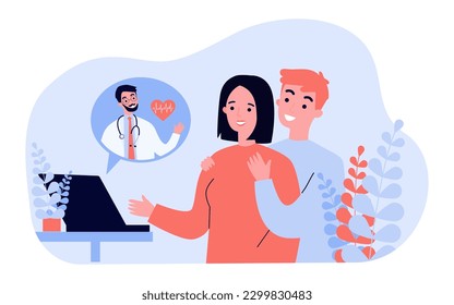 Médico de consulta de pareja a través de la ilustración vectorial de un portátil. Sesión de terapia en línea, dibujo de dibujos animados de hombres y mujeres hablando con un profesional médico. Salud, psicología, amor, concepto de relación