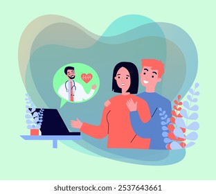 Couple consulting doctor via laptop vector illustration. Online therapy session, cartoon drawing of man and woman talking to medical professional. Health, psychology, love, relationship concept