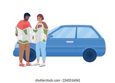 Couple consulting map semi flat color vector characters. Editable figure. Full body people on white. Road trip directions simple cartoon style illustration for web graphic design and animation