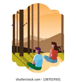 couple contemplating horizon in the forest scene