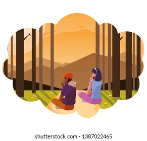 couple contemplating horizon in the forest scene