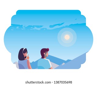 couple contemplating horizon in snowscape scene