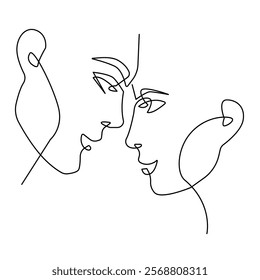 Couple Continuous Line Art Drawing. Woman and Man Face Profile Couple Line Art Vector Illustration. Happy Lovers Head Black Linear Sketch Isolated on White Background. Not AI