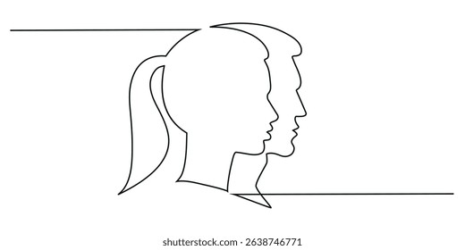 Couple in Continuous Line Art Drawing Style. Woman and Man Portrait One Line Art Vector Illustration.