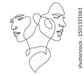 Couple Continuous Line Drawing. Love Concept Minimalist Abstract Illustration One Line Style Black Sketch Isolated on White Background. Couple Abstract Vector Illustration