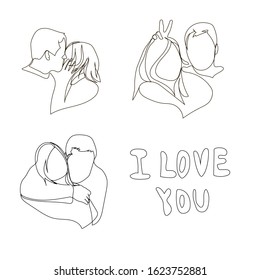 Couple continuous line vector illustration set. Love minimalist print. Valentines day illustration with women and man. Love line art and i love you phrase.