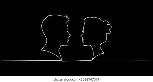 Couple Continuous one line art vector illustration on black isolated background. Vector eps