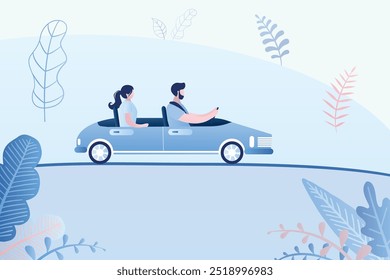 Pareja de coche convertible de conducción, vista lateral. Personajes masculinos y femeninos en auto cabriolet. Transporte por carretera. Naturaleza sobre fondo. Fin de semana, vacaciones o viaje. Ilustración vectorial de estilo de moda