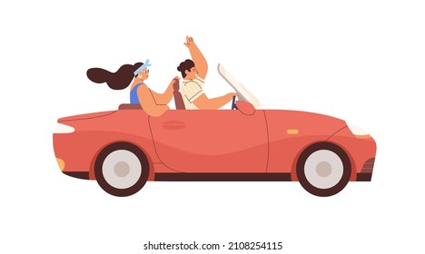 Couple in convertible car on summer road trip. Happy man and woman ride cabriolet. People driving cabrio. Male and female travel by auto. Flat graphic vector illustration isolated on white background