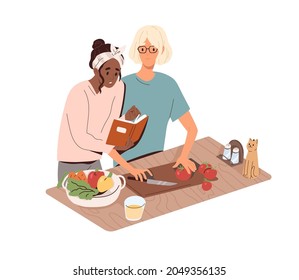 Couple cook with culinary book, reading recipe. Young man and woman cooking salad, preparing healthy vegetable dish together at home kitchen. Flat vector illustration isolated on white background