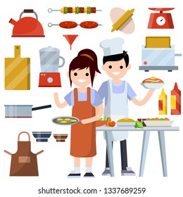 Couple cook in kitchen. Set of object for cooking. Kettle, Board, bowl, frying pan, apron, ketchup sauce, mixer, toaster, dough, barbecue, meat. Table with food. Item of restaurant. Flat illustration