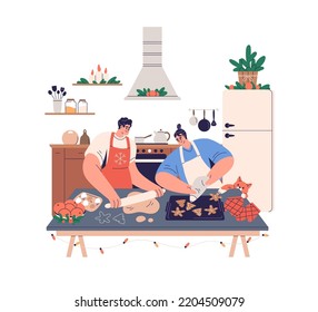 Couple cooking bakery, baking ginger cookies for Christmas at home kitchen. People making gingerbread together for Xmas winter holiday. Flat graphic vector illustration isolated on white background