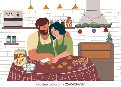 Couple cooking bakery, baking ginger cookies for Christmas at home kitchen. People making gingerbread together for Xmas winter holiday. Hand drawn vector illustration 