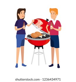 couple cooking in bbq grill