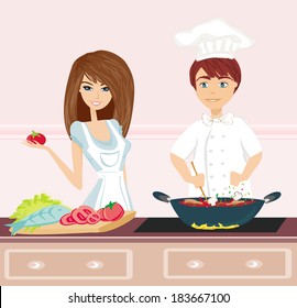 Couple cooking dinner