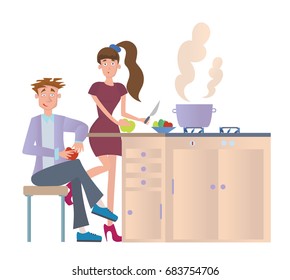 Couple cooking dinner at home in the kitchen. Young man and woman preparing food at the kitchen table. Vector illustration, isolated on white background.