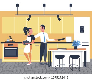 couple cooking food together woman man preparing breakfast modern kitchen interior full length flat horizontal