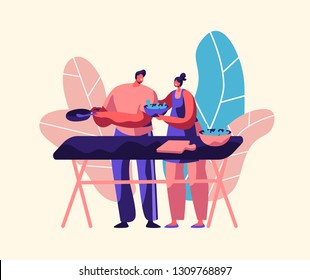 Couple Cooking Fresh Salad Outdoor. Husband and Wife Prepare Dinner Together. Man With Pan and Woman With Bowl Character Eat Vegetable. Happy Family Flat Cartoon Vector Illustration