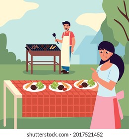 couple cooking grill meat in backyard
