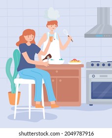 caricatura de cocina de pareja en la cocina