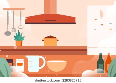 Couple cooking in the kitchen, kitchen and cutlery in the background, vector illustration