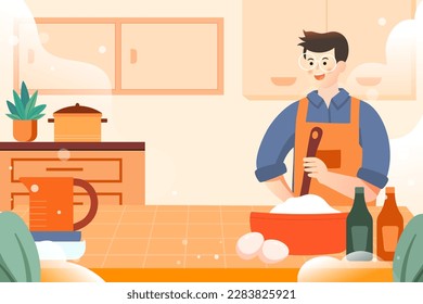 Couple cooking in the kitchen, kitchen and cutlery in the background, vector illustration