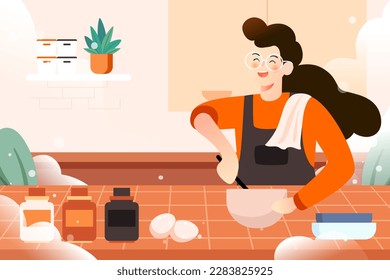 Couple cooking in the kitchen, kitchen and cutlery in the background, vector illustration