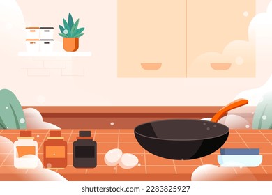 Couple cooking in the kitchen, kitchen and cutlery in the background, vector illustration