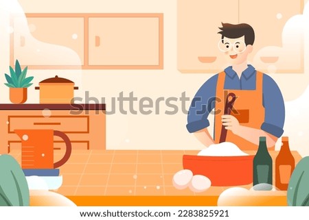 Couple cooking in the kitchen, kitchen and cutlery in the background, vector illustration