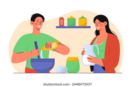 Couple cooking at kitchen. Man and woman with dough and milk, eggs. Preparation of homemade pastry or bakery products. Family with dessert and delicacy. Cartoon flat vector illustration