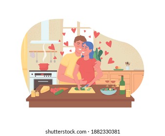 Couple cooking romantic dinner 2D vector web banner, poster. Boyfriend and girlfriend flat characters on cartoon background. Valentines day preparation printable patch, colorful web element