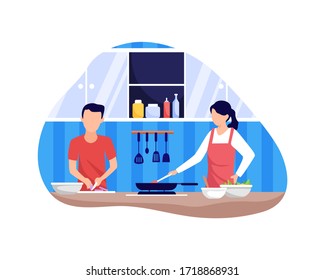 Couple cooking together. Couple cooking food in the kitchen together. Man and woman in the kitchen. Vector illustration in flat style
