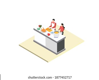 Couple cooking together isometric 3d vector concept for banner, website, illustration, landing page, flyer, etc.